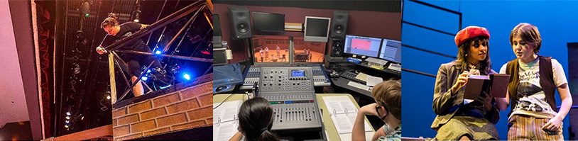 students working as stage crew, designers, and actors