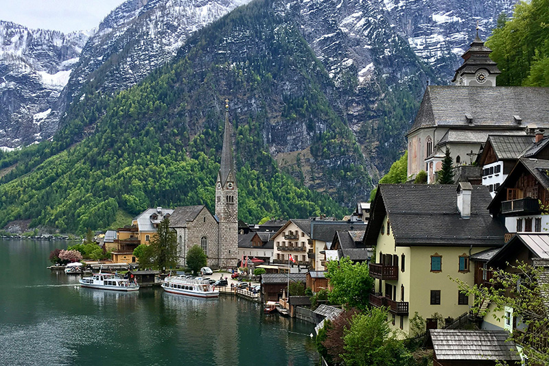 village in Austria by mountains and rivers