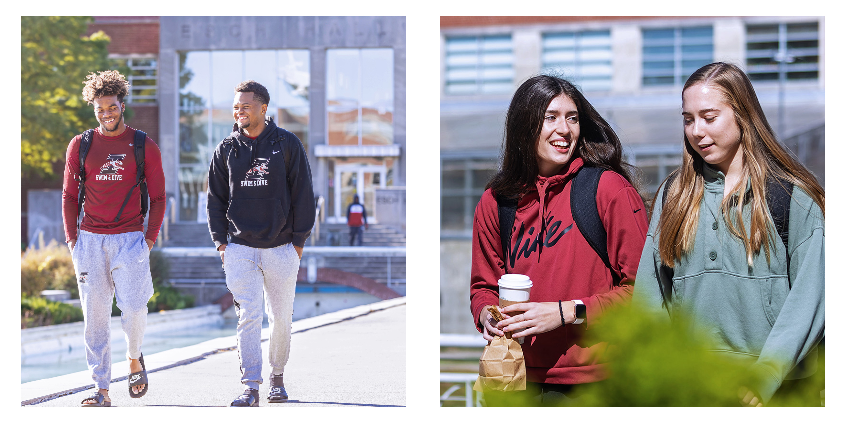 two photos side-by-side: two males and two females walking outdoor, smiling