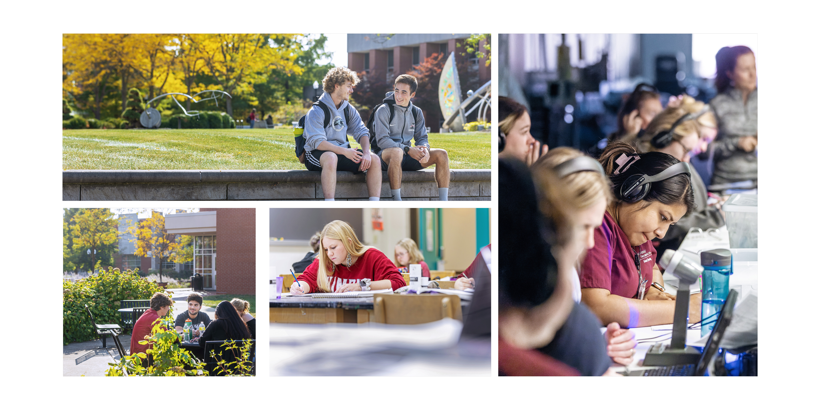4-photo collage. Includes students studying in class and hanging out outdoor