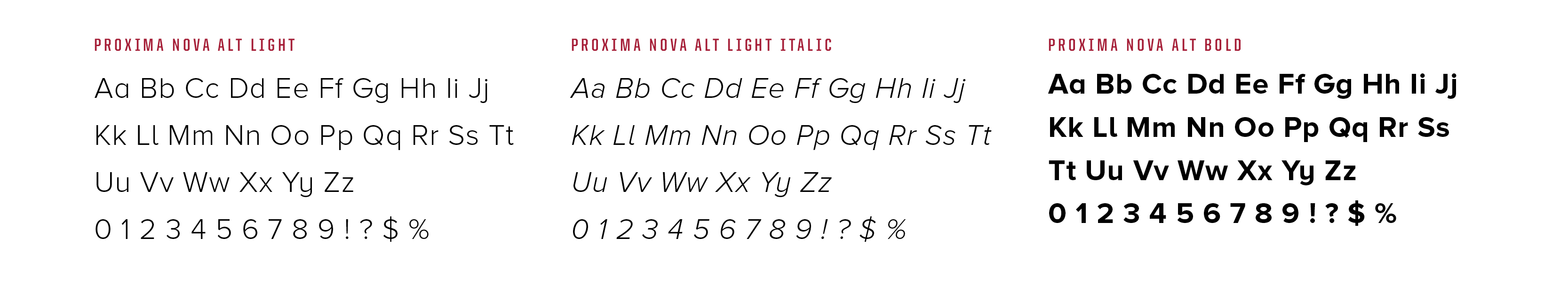 3 variations of Proxima Nova Alt: Light, Light Italic, Bold