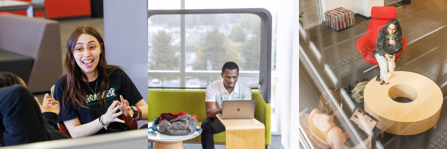 collage of students talking together and studying