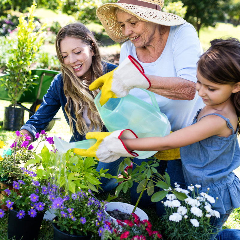 elderly woman gardening with young children