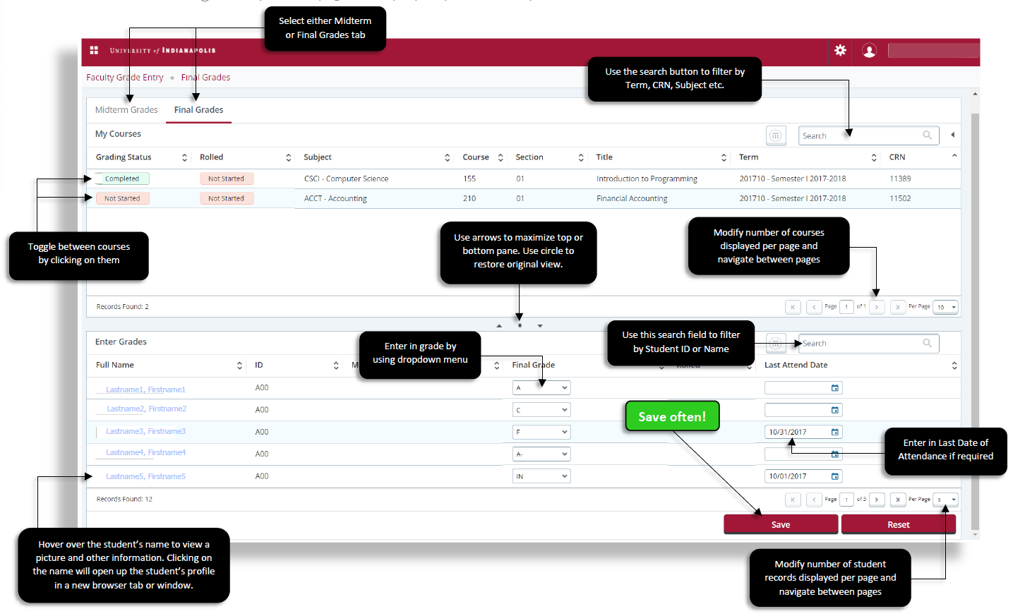 screenshot of grade entry with arrows and notes about its features