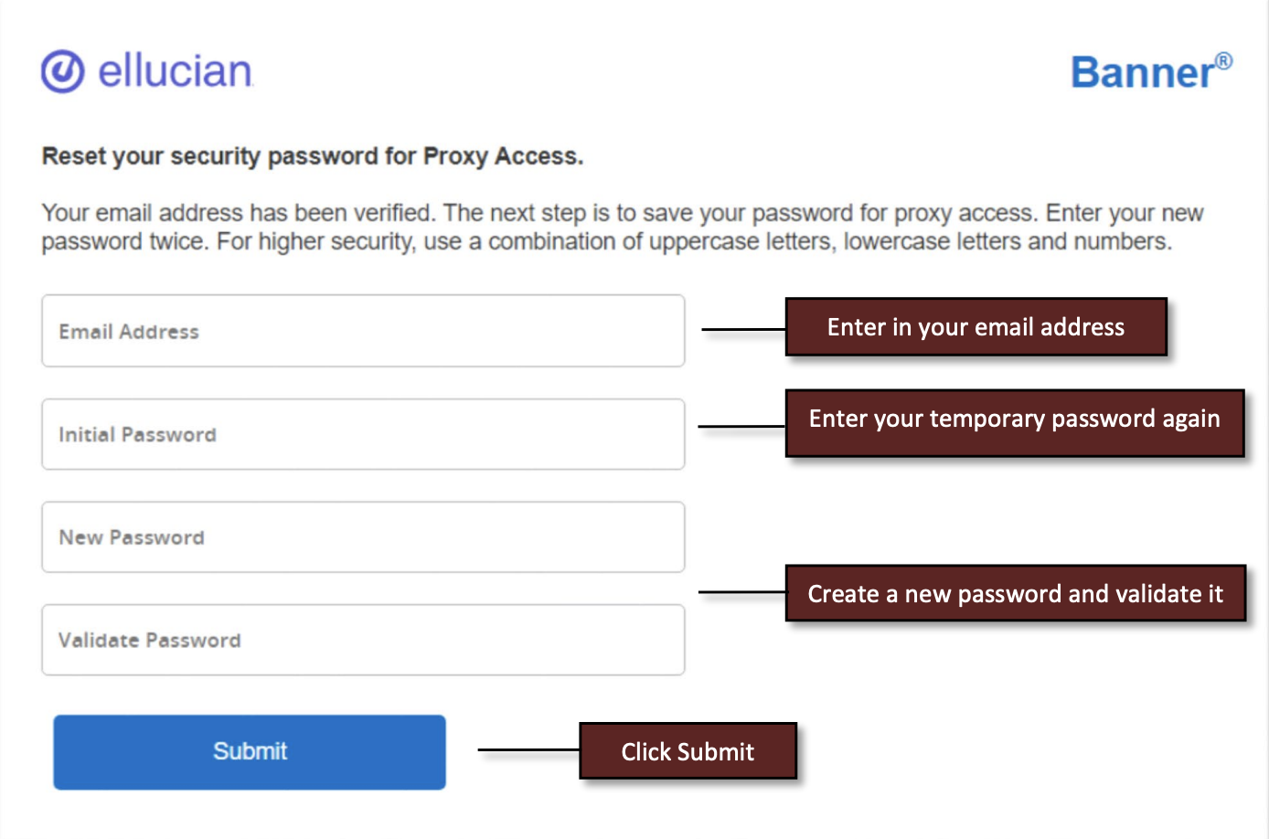 Screenshot of instructions to reset password for proxy access