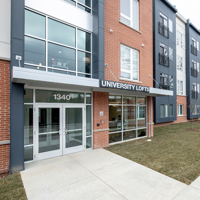 exterior shot of the university lofts entrance